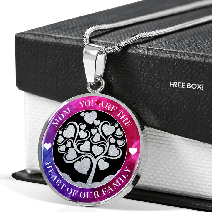 Mom Heart Family Lux Circle Charm Necklace with Optional Engraving