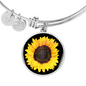 Painted Sunflower Circle Charm Bangle Bracelet with Optional Engraving