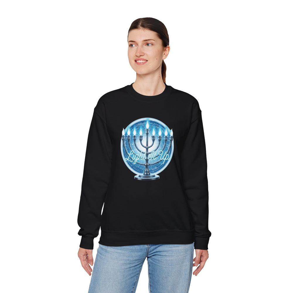 Hanukkah Menorah Sweatshirt — 'Light It Up' Festive Crewneck Chanukiah