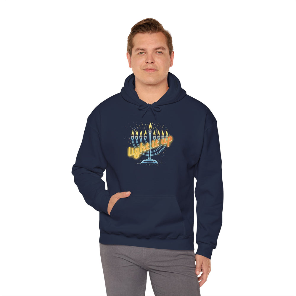 Hanukkah 'Light It Up' Neon-style Chanukiah Menorah Hoodie Cozy Hooded Jewish Holiday Festival Sweatshirt