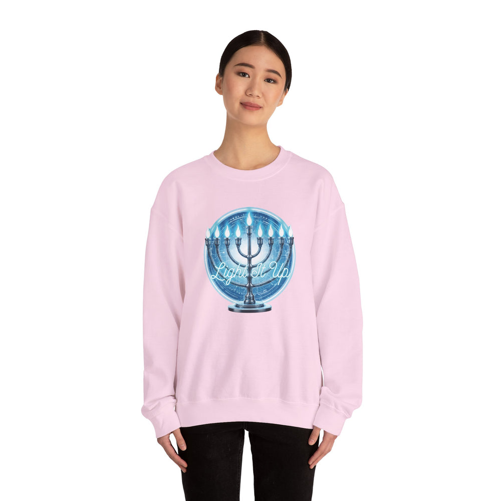 Hanukkah Menorah Sweatshirt — 'Light It Up' Festive Crewneck Chanukiah