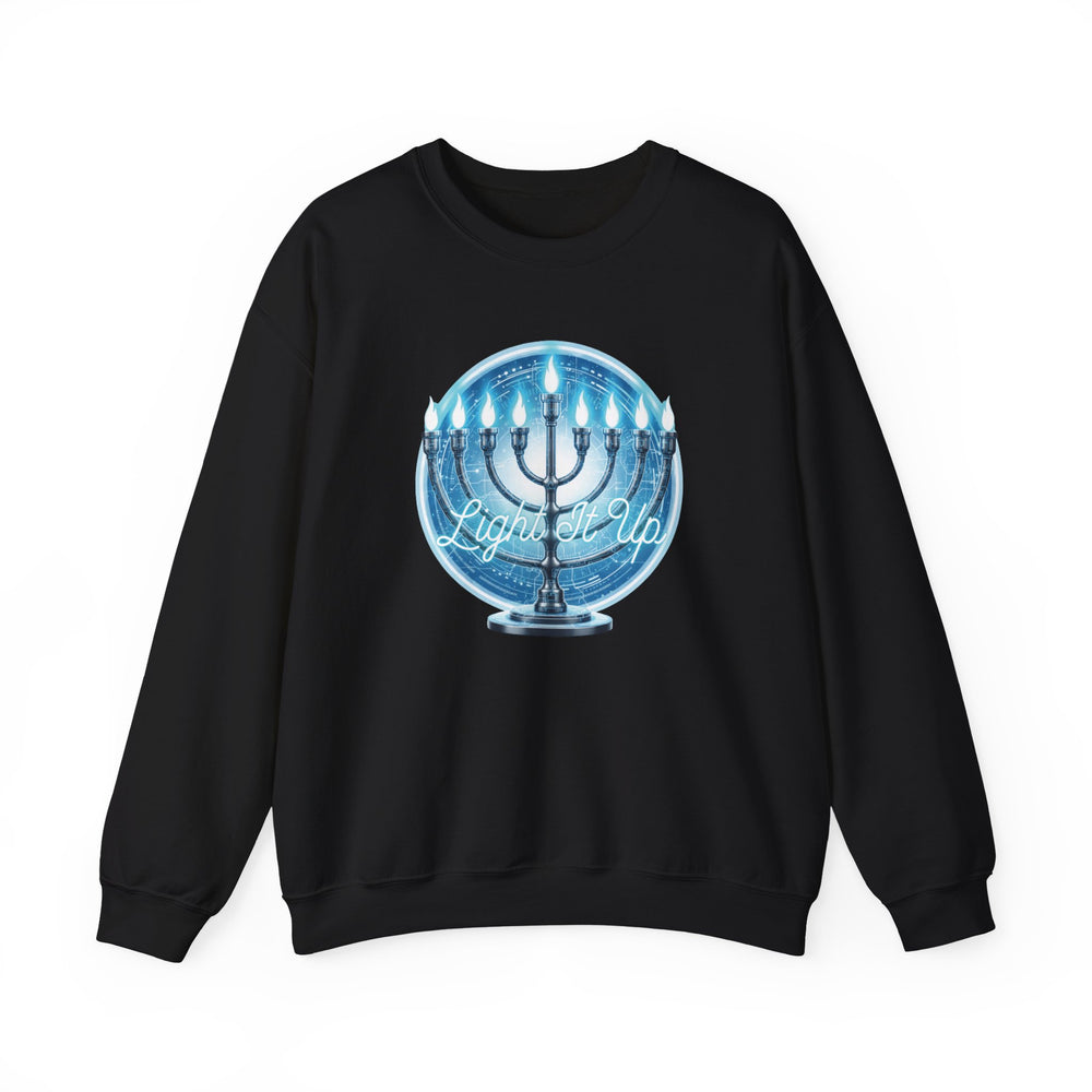 Hanukkah Menorah Sweatshirt — 'Light It Up' Festive Crewneck Chanukiah
