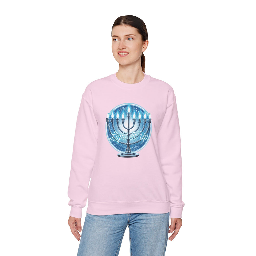 Hanukkah Menorah Sweatshirt — 'Light It Up' Festive Crewneck Chanukiah