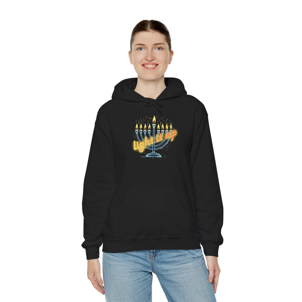 Hanukkah 'Light It Up' Neon-style Chanukiah Menorah Hoodie Cozy Hooded Jewish Holiday Festival Sweatshirt