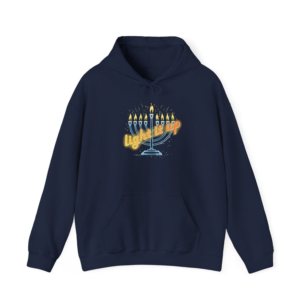 Hanukkah 'Light It Up' Neon-style Chanukiah Menorah Hoodie Cozy Hooded Jewish Holiday Festival Sweatshirt