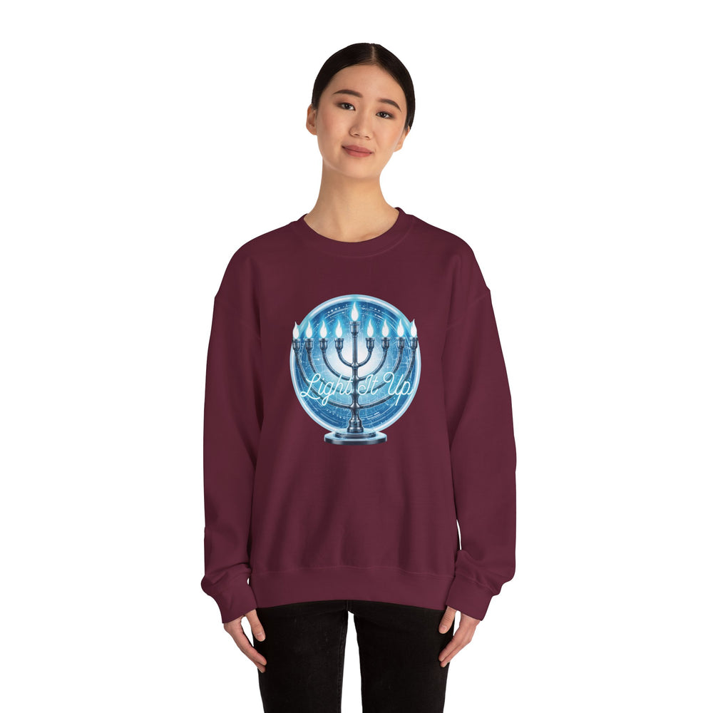 Hanukkah Menorah Sweatshirt — 'Light It Up' Festive Crewneck Chanukiah