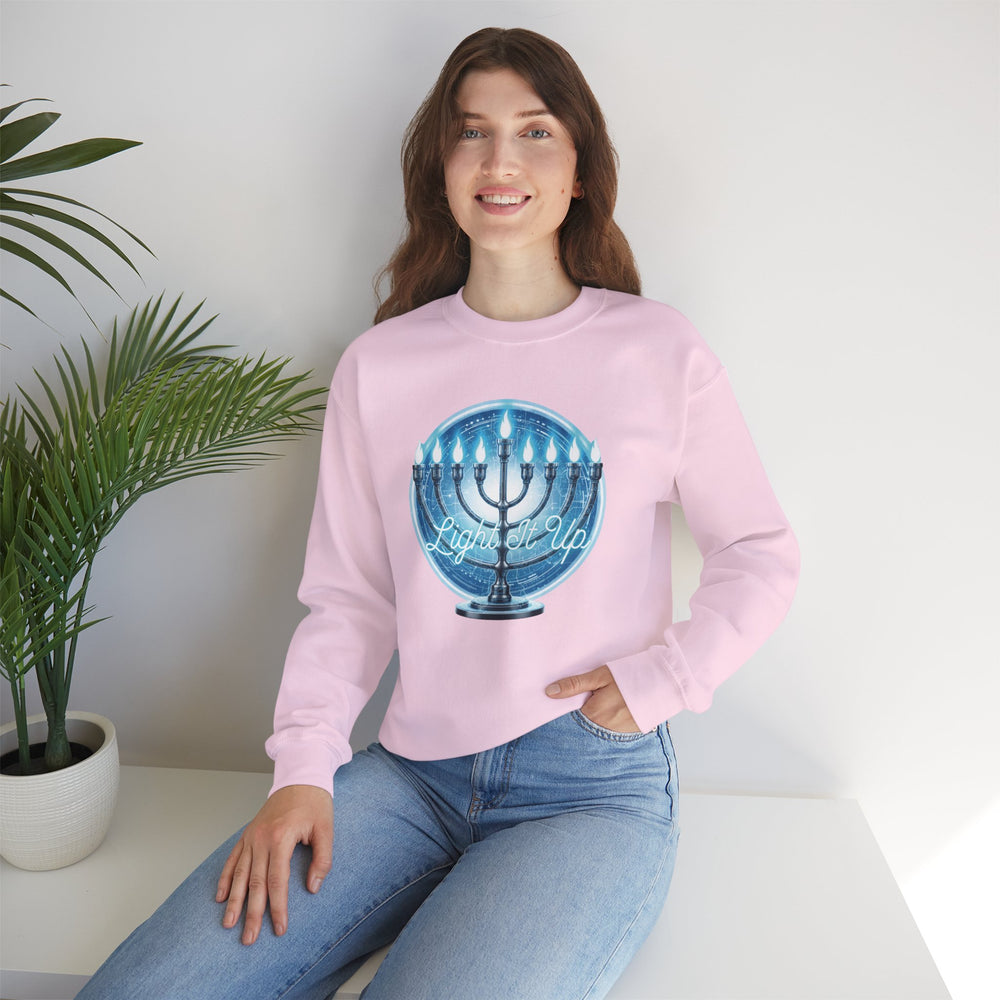 Hanukkah Menorah Sweatshirt — 'Light It Up' Festive Crewneck Chanukiah