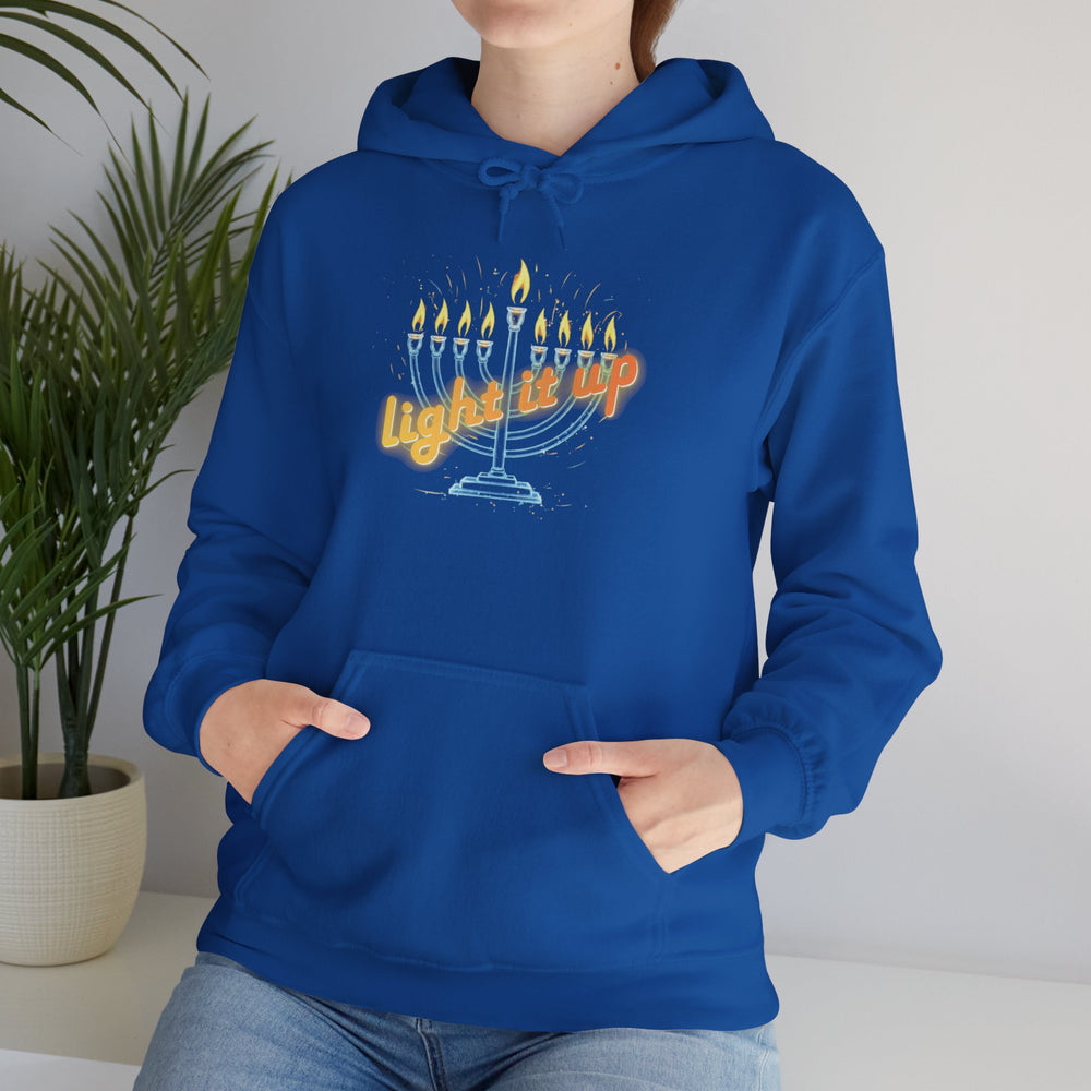 Hanukkah 'Light It Up' Neon-style Chanukiah Menorah Hoodie Cozy Hooded Jewish Holiday Festival Sweatshirt