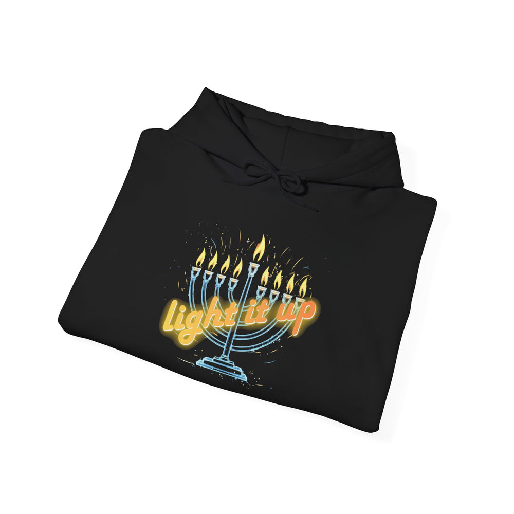 Hanukkah 'Light It Up' Neon-style Chanukiah Menorah Hoodie Cozy Hooded Jewish Holiday Festival Sweatshirt