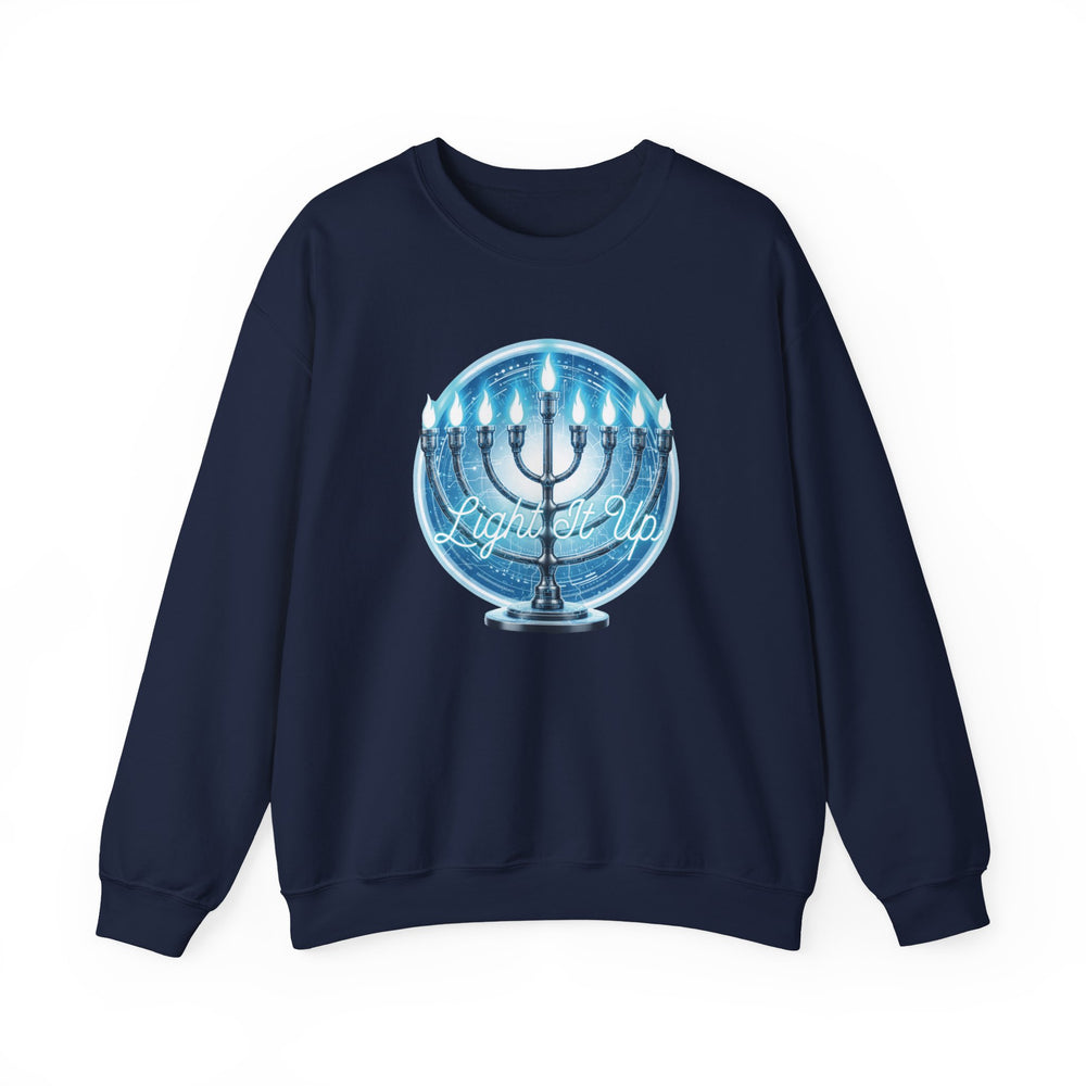 Hanukkah Menorah Sweatshirt — 'Light It Up' Festive Crewneck Chanukiah