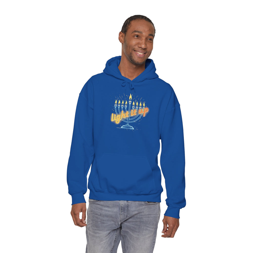 Hanukkah 'Light It Up' Neon-style Chanukiah Menorah Hoodie Cozy Hooded Jewish Holiday Festival Sweatshirt