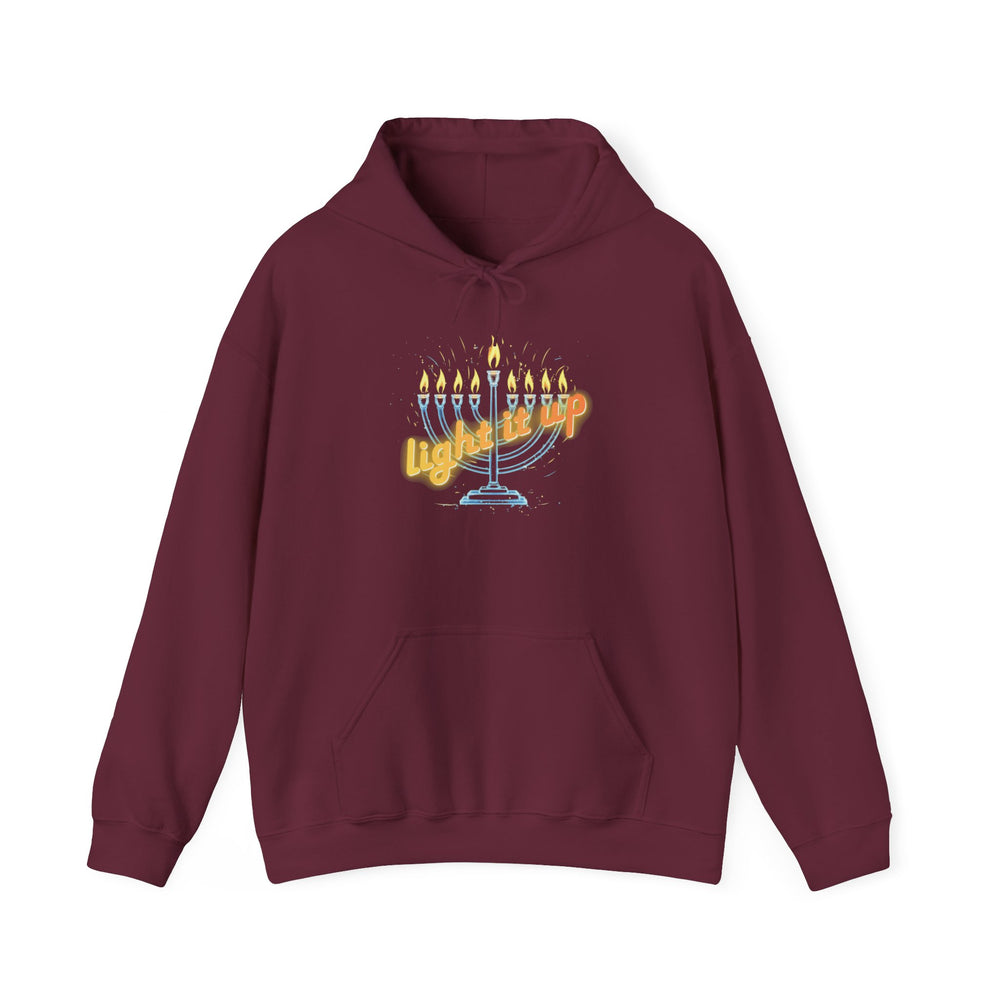 Hanukkah 'Light It Up' Neon-style Chanukiah Menorah Hoodie Cozy Hooded Jewish Holiday Festival Sweatshirt