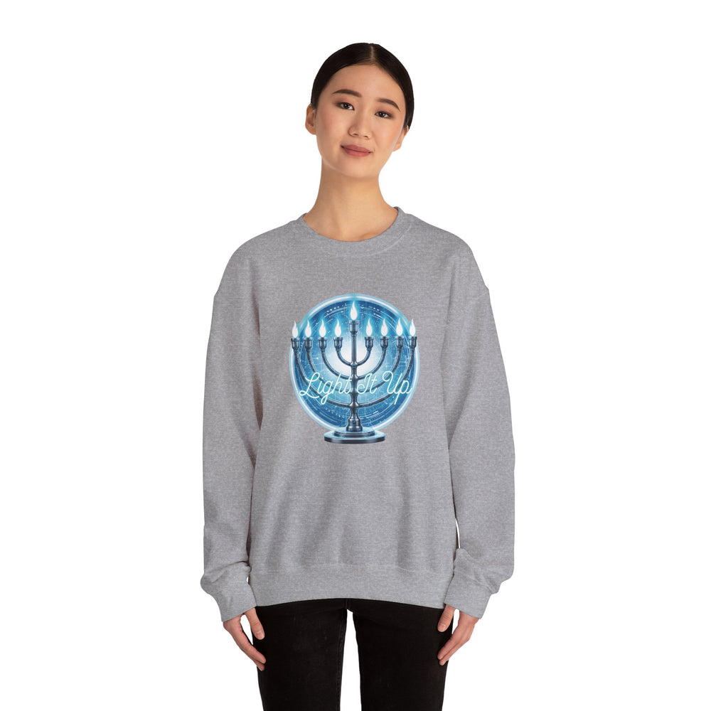 Hanukkah Menorah Sweatshirt — 'Light It Up' Festive Crewneck Chanukiah