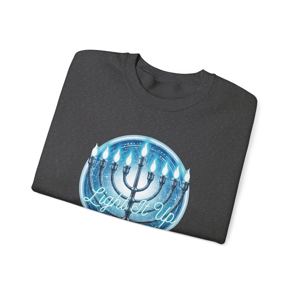 Hanukkah Menorah Sweatshirt — 'Light It Up' Festive Crewneck Chanukiah