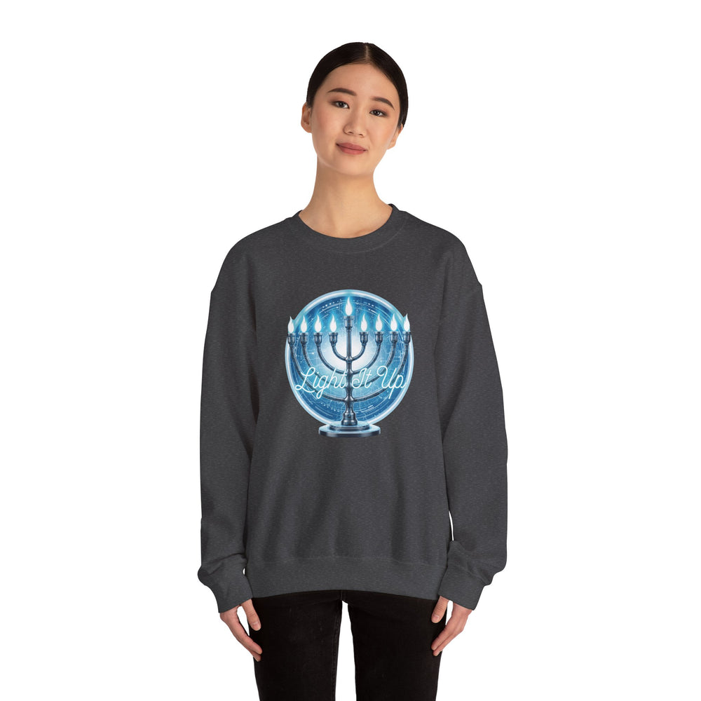 Hanukkah Menorah Sweatshirt — 'Light It Up' Festive Crewneck Chanukiah