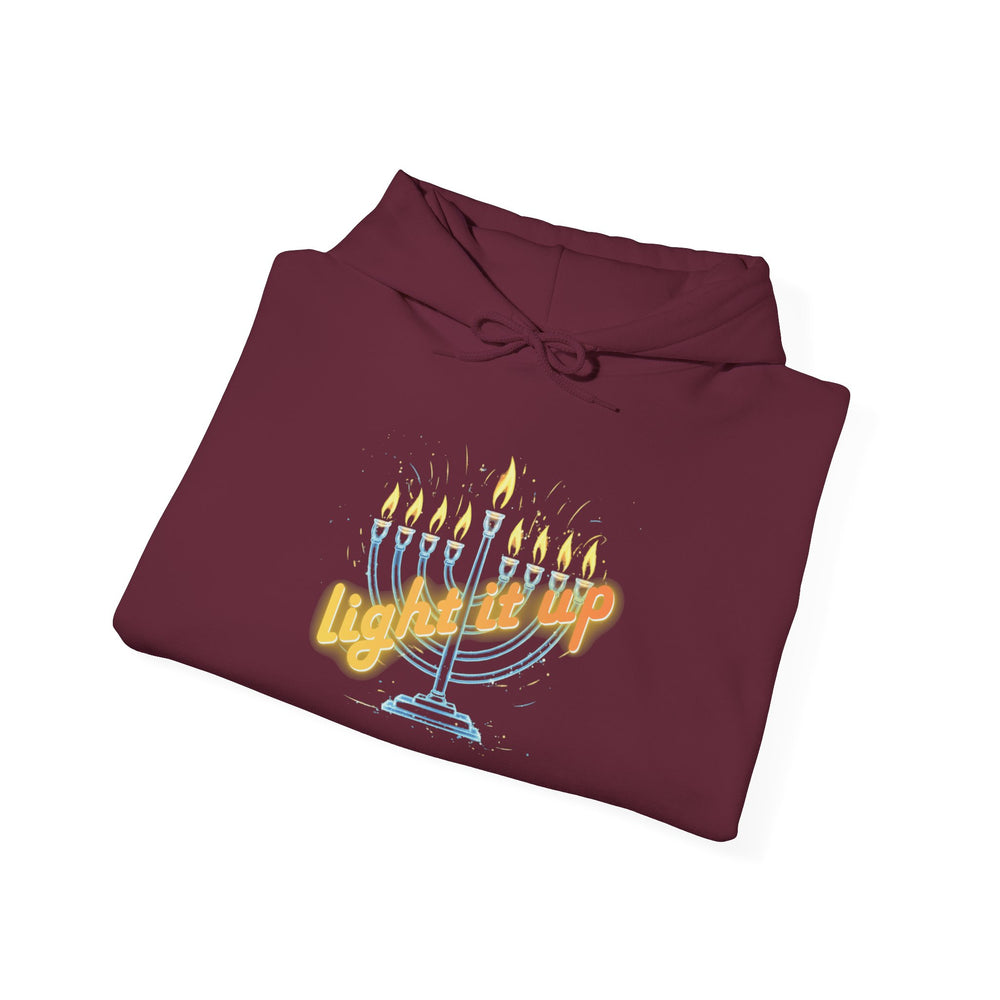 Hanukkah 'Light It Up' Neon-style Chanukiah Menorah Hoodie Cozy Hooded Jewish Holiday Festival Sweatshirt