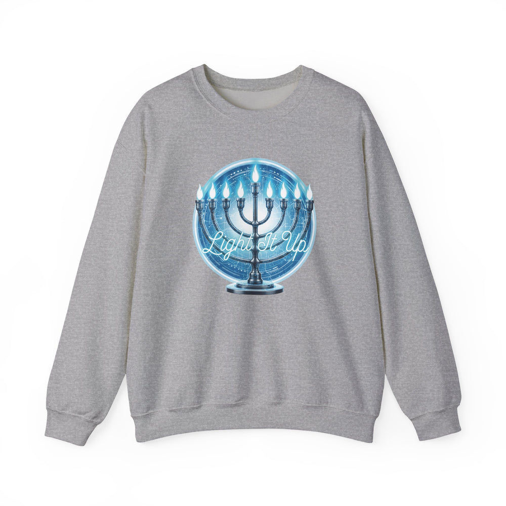 Hanukkah Menorah Sweatshirt — 'Light It Up' Festive Crewneck Chanukiah