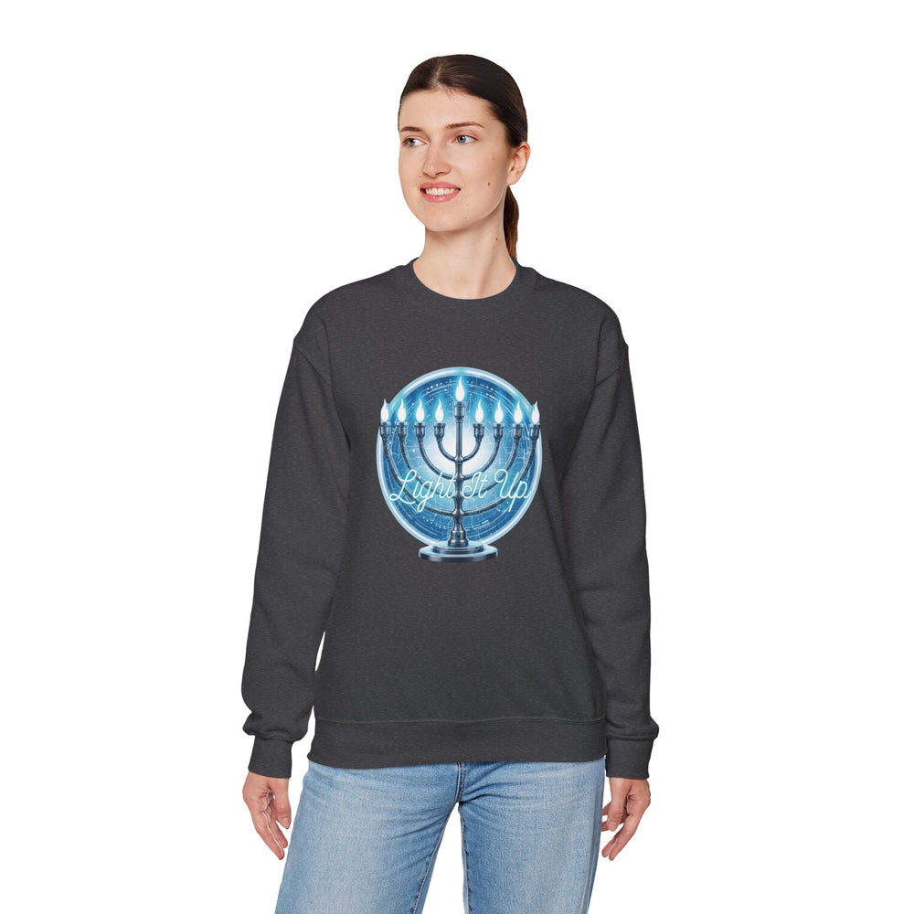 Hanukkah Menorah Sweatshirt — 'Light It Up' Festive Crewneck Chanukiah