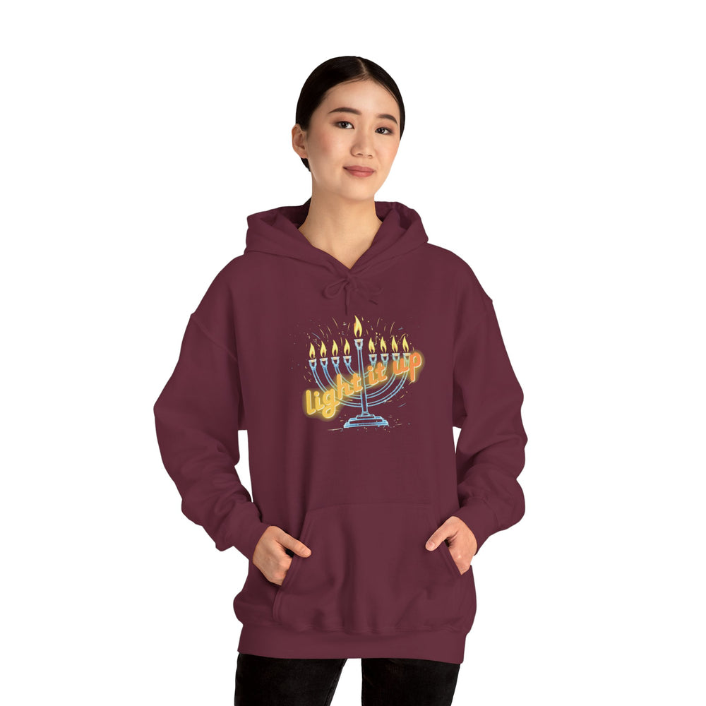 Hanukkah 'Light It Up' Neon-style Chanukiah Menorah Hoodie Cozy Hooded Jewish Holiday Festival Sweatshirt