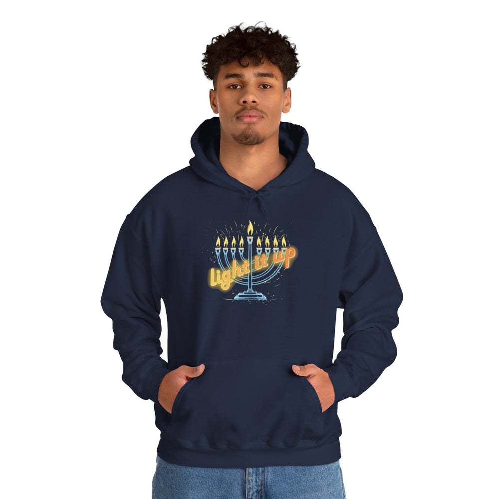 Hanukkah 'Light It Up' Neon-style Chanukiah Menorah Hoodie Cozy Hooded Jewish Holiday Festival Sweatshirt