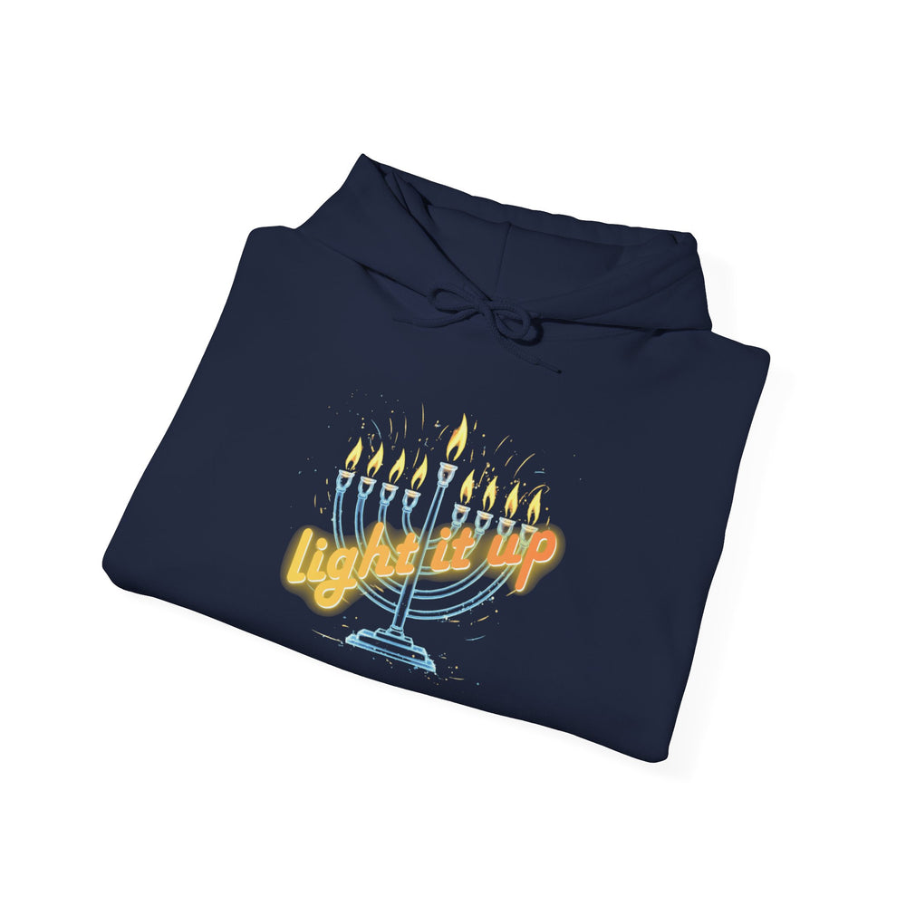 Hanukkah 'Light It Up' Neon-style Chanukiah Menorah Hoodie Cozy Hooded Jewish Holiday Festival Sweatshirt
