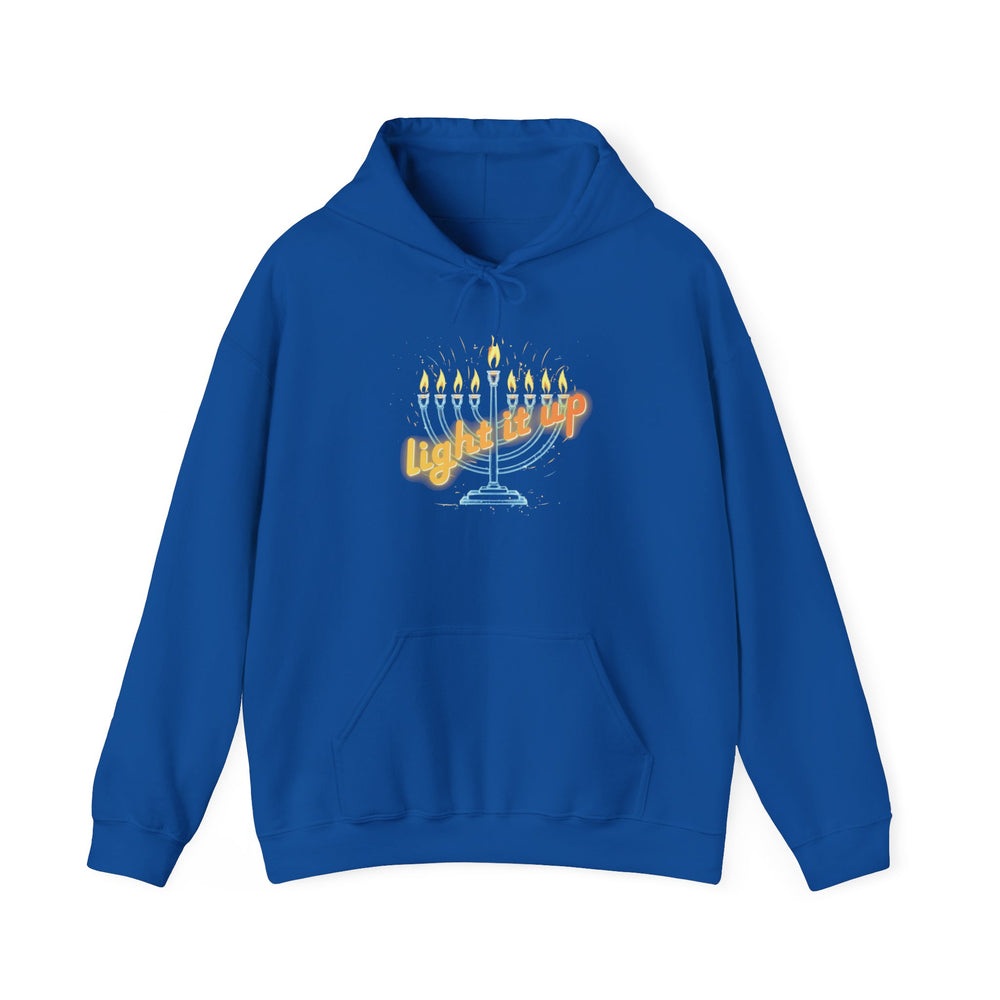 Hanukkah 'Light It Up' Neon-style Chanukiah Menorah Hoodie Cozy Hooded Jewish Holiday Festival Sweatshirt