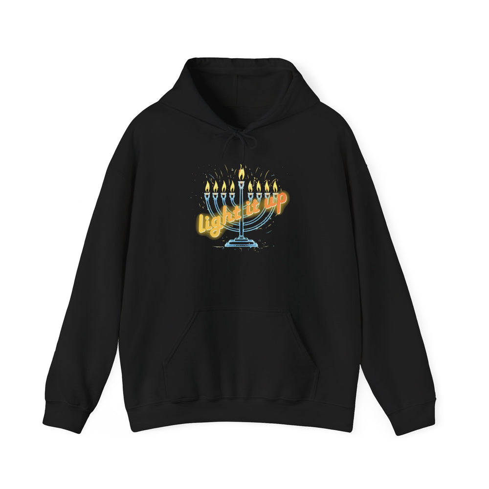 Hanukkah 'Light It Up' Neon-style Chanukiah Menorah Hoodie Cozy Hooded Jewish Holiday Festival Sweatshirt