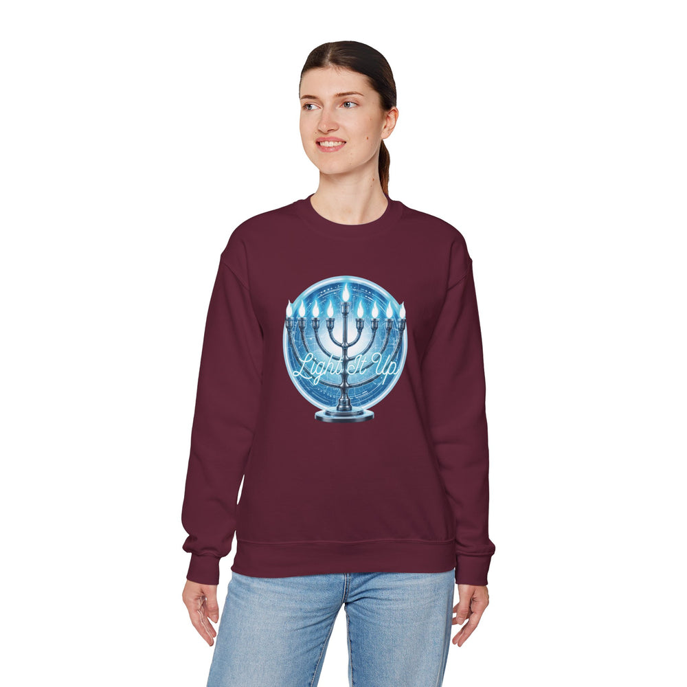 Hanukkah Menorah Sweatshirt — 'Light It Up' Festive Crewneck Chanukiah