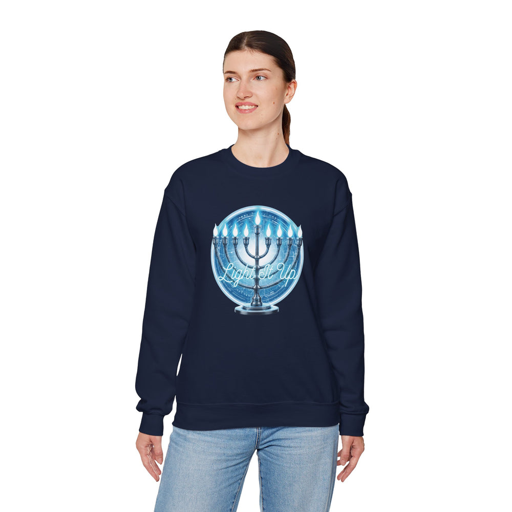 Hanukkah Menorah Sweatshirt — 'Light It Up' Festive Crewneck Chanukiah