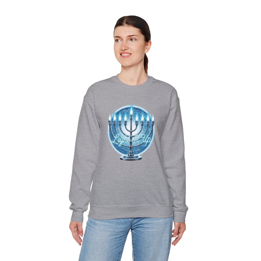 Hanukkah Menorah Sweatshirt — 'Light It Up' Festive Crewneck Chanukiah
