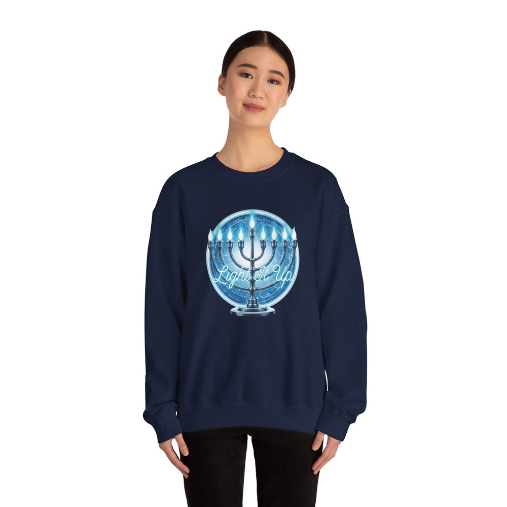 Hanukkah Menorah Sweatshirt — 'Light It Up' Festive Crewneck Chanukiah