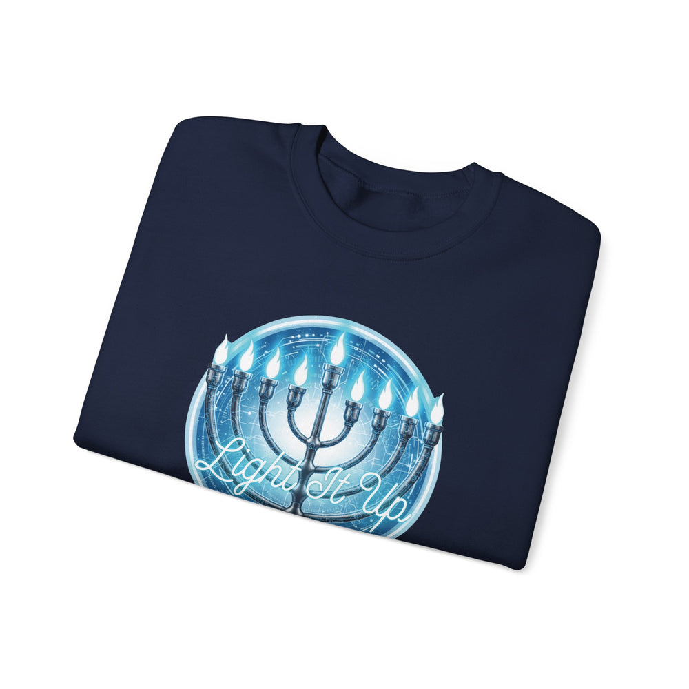 Hanukkah Menorah Sweatshirt — 'Light It Up' Festive Crewneck Chanukiah