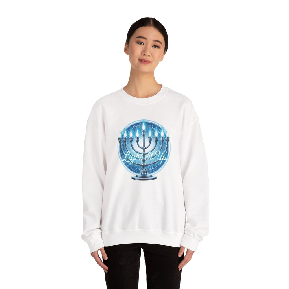 Hanukkah Menorah Sweatshirt — 'Light It Up' Festive Crewneck Chanukiah