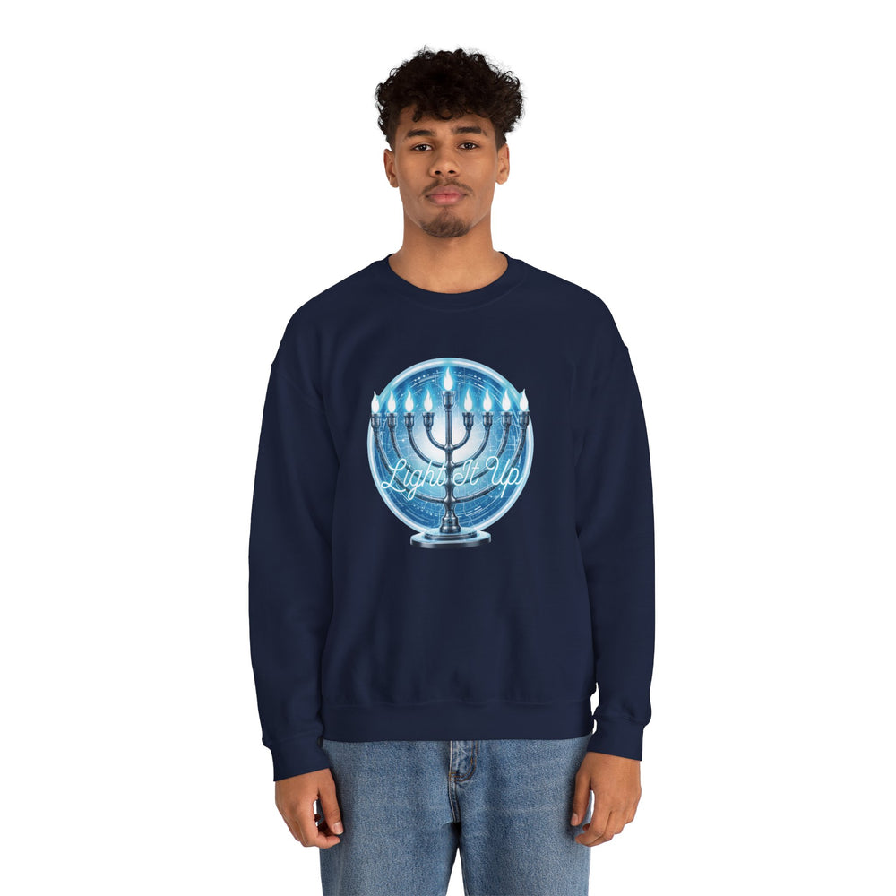 Hanukkah Menorah Sweatshirt — 'Light It Up' Festive Crewneck Chanukiah