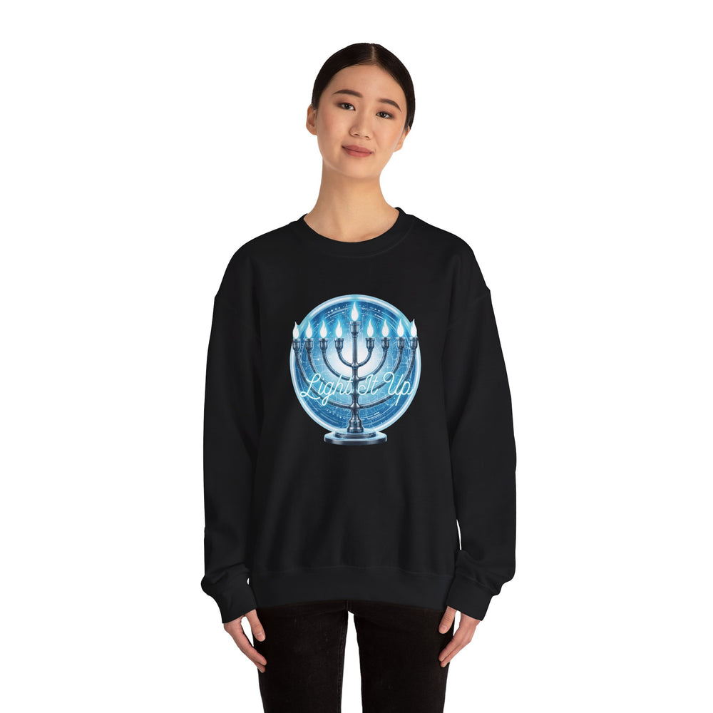 Hanukkah Menorah Sweatshirt — 'Light It Up' Festive Crewneck Chanukiah
