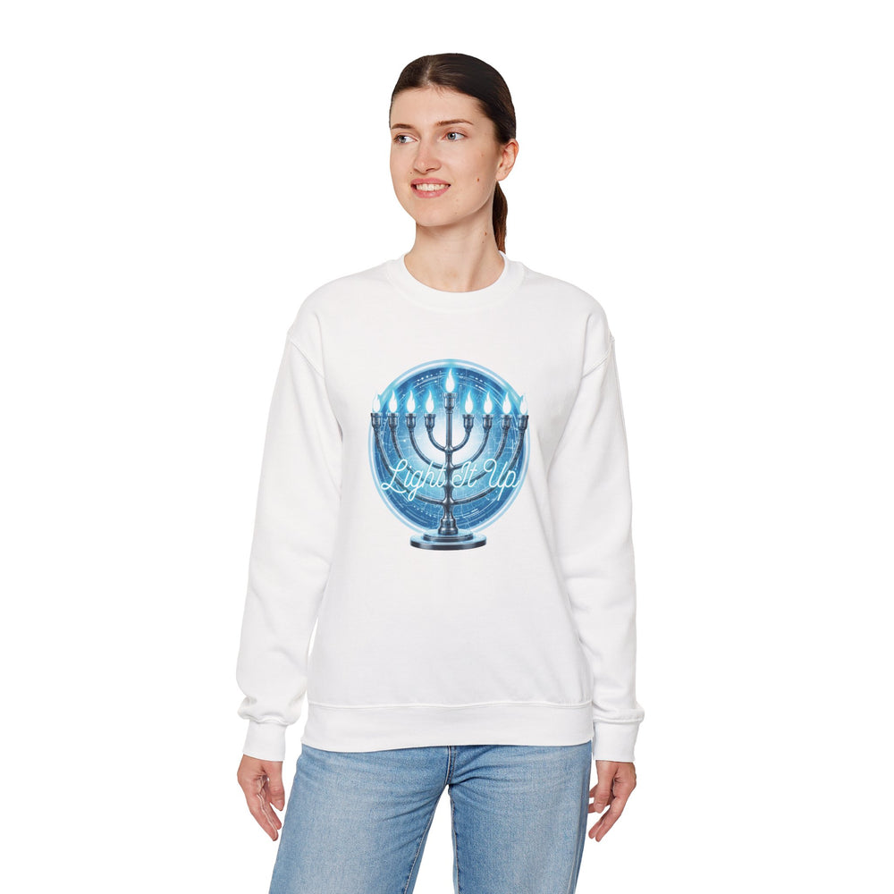 Hanukkah Menorah Sweatshirt — 'Light It Up' Festive Crewneck Chanukiah