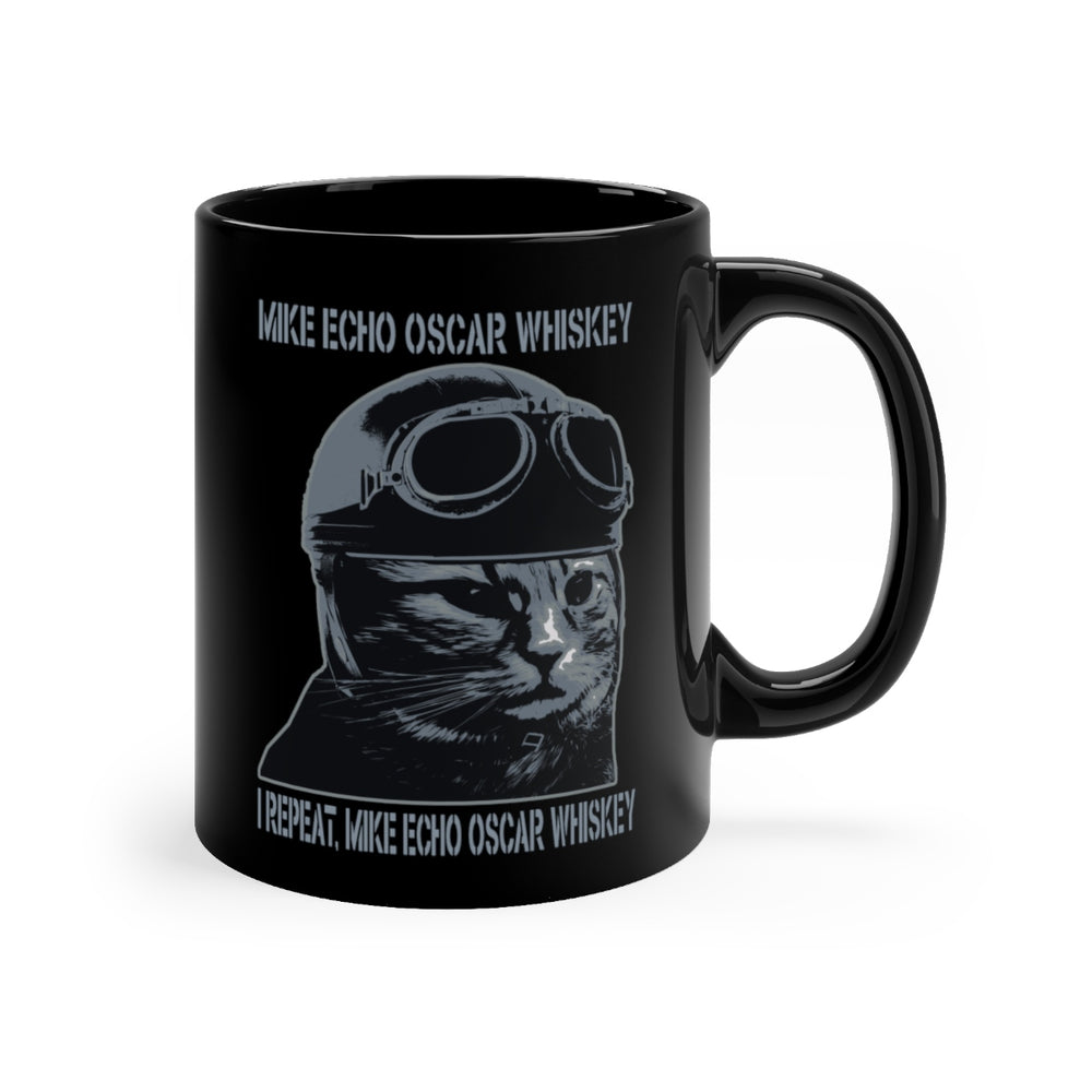 Cat Aviator MEOW Mike Echo Oscar Whiskey Funny Black Mug 11oz